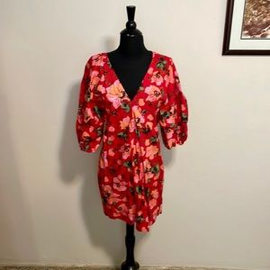 Red Floral Dress. Puff Sleeve. Small. Excellent Condition